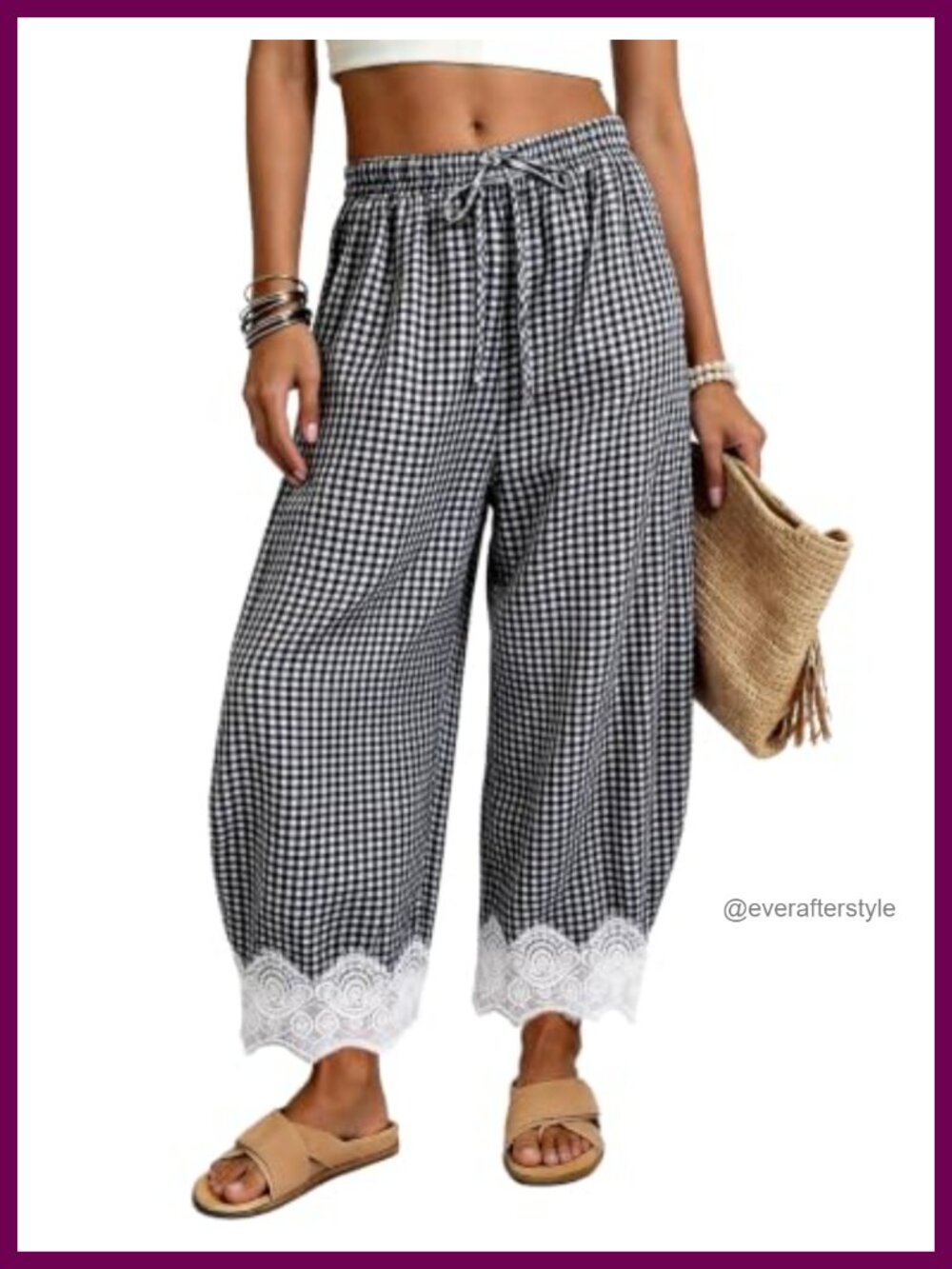 Womens Lace Hem Gingham Wide Leg Cropped Cotton Pants Barrel Trousers